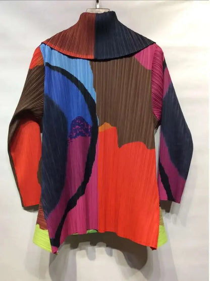 GVUW Pleated Color Block Jacket Coat Women's 2025  Autumn Lapel Long Sleeve Single Button Loose Female Fashion Top 17D1331