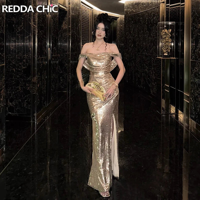 REDDACHiC Elegant Cowl Neck Women Glitter Dress Gold Sequin Maxi Long Backless Split Mermaid Bodycon Cocktail Party Evening Gown