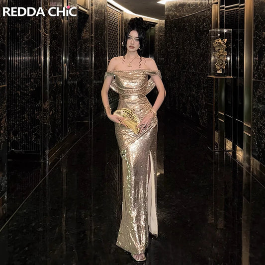 REDDACHiC Elegant Cowl Neck Women Glitter Dress Gold Sequin Maxi Long Backless Split Mermaid Bodycon Cocktail Party Evening Gown