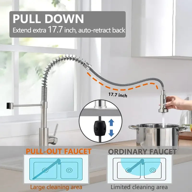 PHANCIR Modern Brushed Nickel Kitchen Faucet - Compact Single Handle, Pull Down Sprayer, 1/3 Holes Adaptable