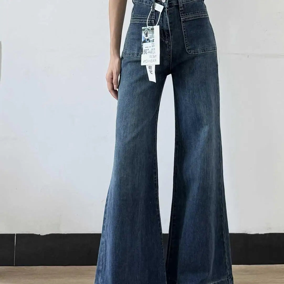 Women's Autumn New Fashion Retro Micro-flared Jeans, Solid Color High-waisted Straight Wide Leg Pants, Loose Floor-length Jeans