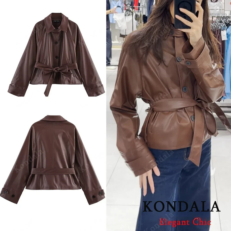 KONDALA Women Stylish Imitation Leather Short Trench Coat With Belt 2025 New Spring Fall Fashion Commuter High Street Jacket