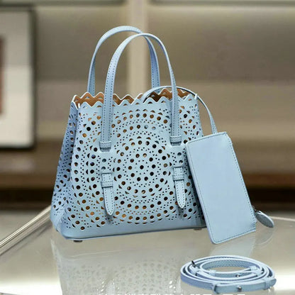 Brand Designer Luxury High Quality Mini Cowhide Shoulder Handbags 2025 Hollow Fashion Large Capacity Genuine Leather Bucket Bag