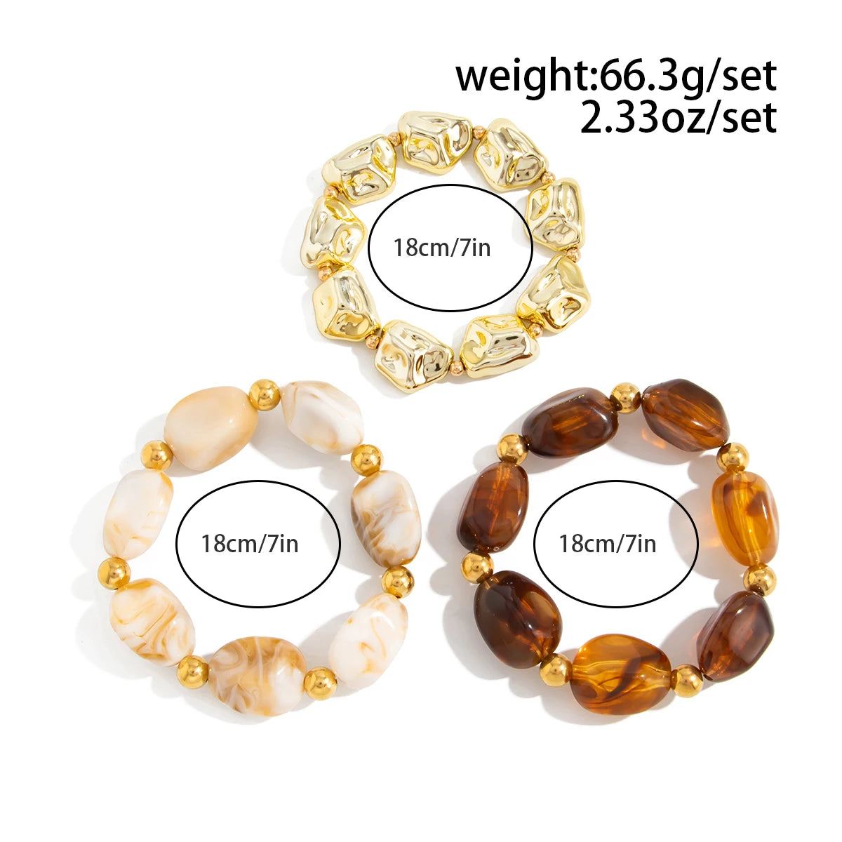 SHIXIN 3Pcs/Set Vintage Resin Acrylic Beaded Bracelets for Women Trendy Irregular Stackable Elastic Bangle Party Jewelry Gift