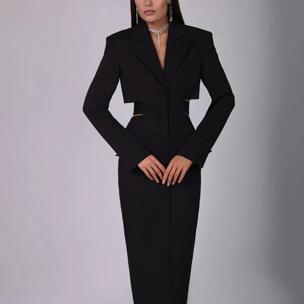VGH High Street Hollow Out Tunic Dresses for Women Notched Collar Long Sleeve High Waist Spliced Button Temperament Dress Female