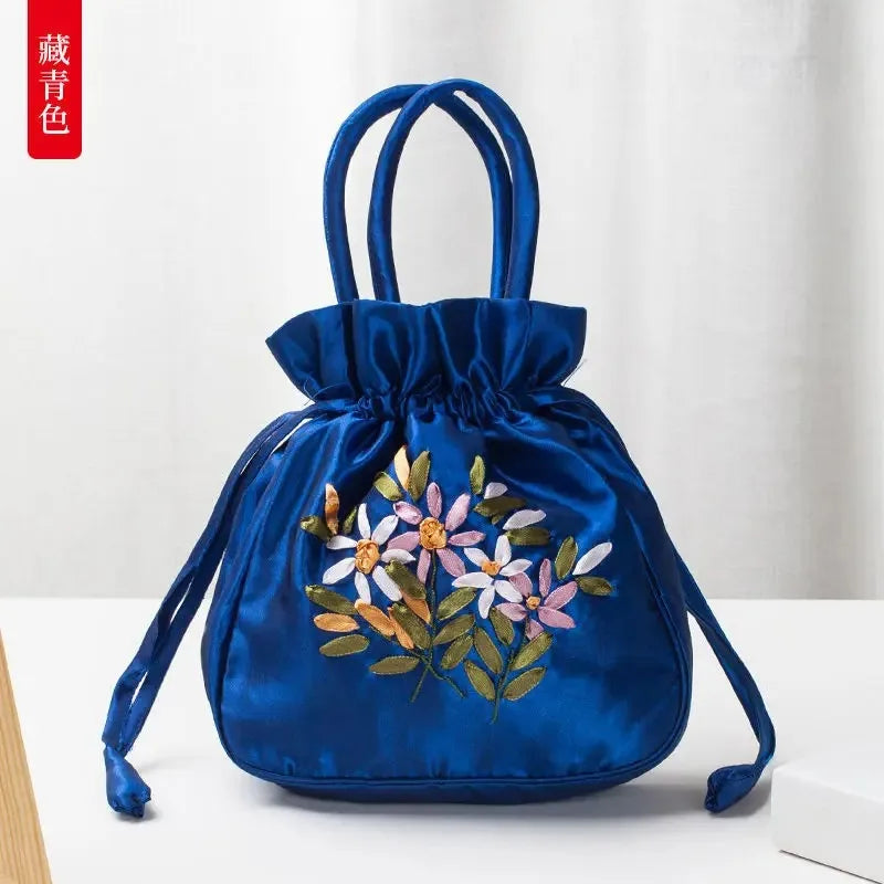 Women Bucket Bag Top Handle Ladies Handbag Phone Bag Summer Small Purse National Style Embroidered Flower Pattern Drawstring Bag
