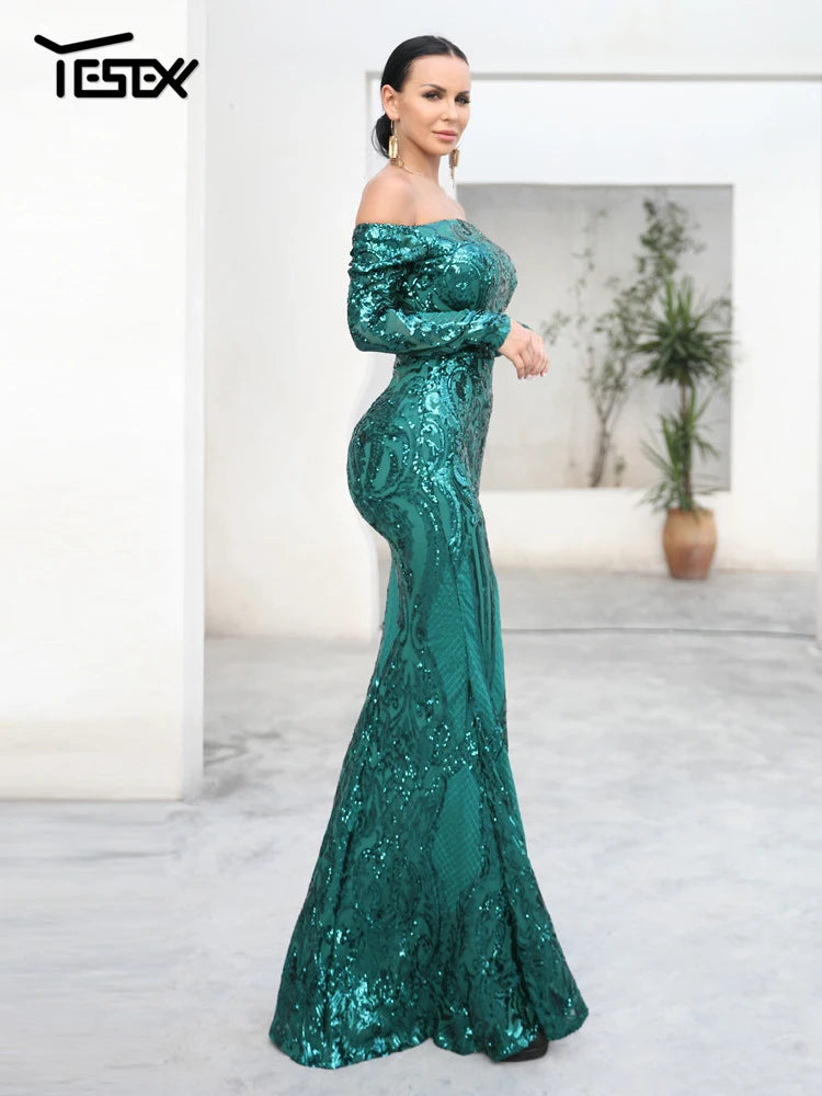 Yesexy Sexy Off the Shoulder Sequin Party Prom Long Sleeve Women Bodycon Dress Party Maxi Dresses Vestidos