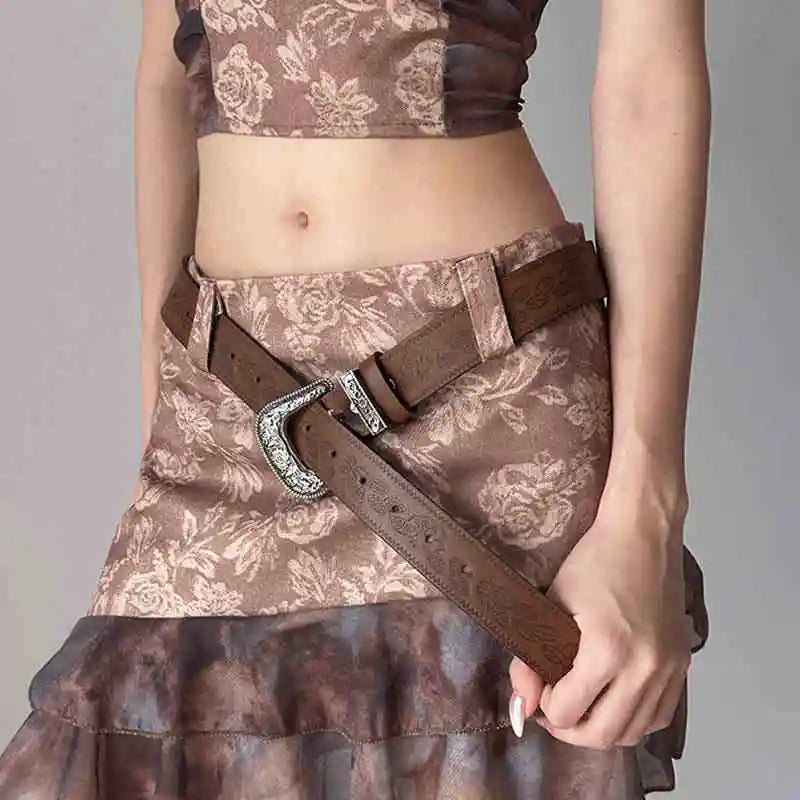 Y2K subculture retro engraved waist belt women's rose pattern brown pants beltmei niche design sense leather belt