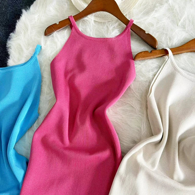 Sexy Summer Knit Strap Dress Women Halter Elatic Waist Bodycon Sundress Female Beach Solid Maxi Long Dress