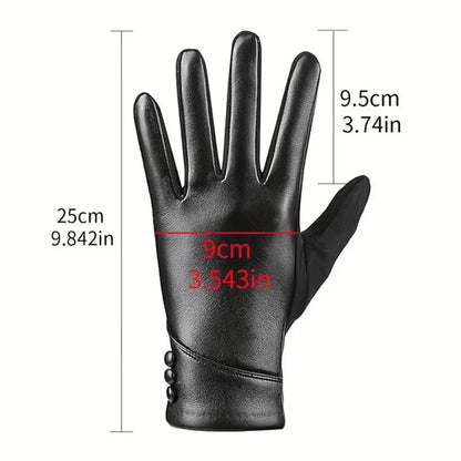 Simple Solid Color Full Finger Mittens Button Thickened Women Leather Gloves Windproof Keep Warm Touch Screen Gloves Outdooor