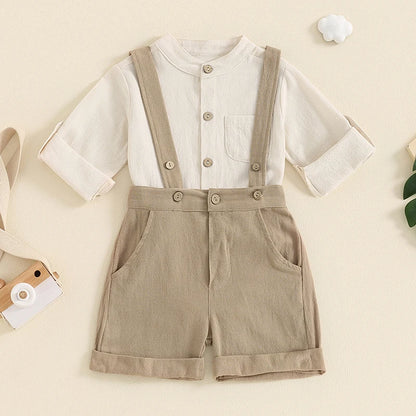 Baby clothing Boys Solid Button Pocket Cotton Linen Bodysuits+Suspender Shorts Set Newborn Outfits 0-24M