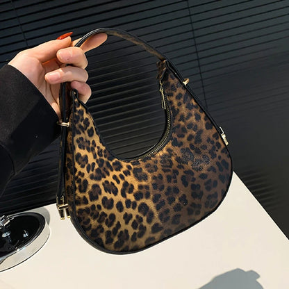 Crescent-shaped Underarm Bag for Women Brown Black Leopard Handbag Clutch Bag Female Vintage PU Leather Crossbody Bags Versatile
