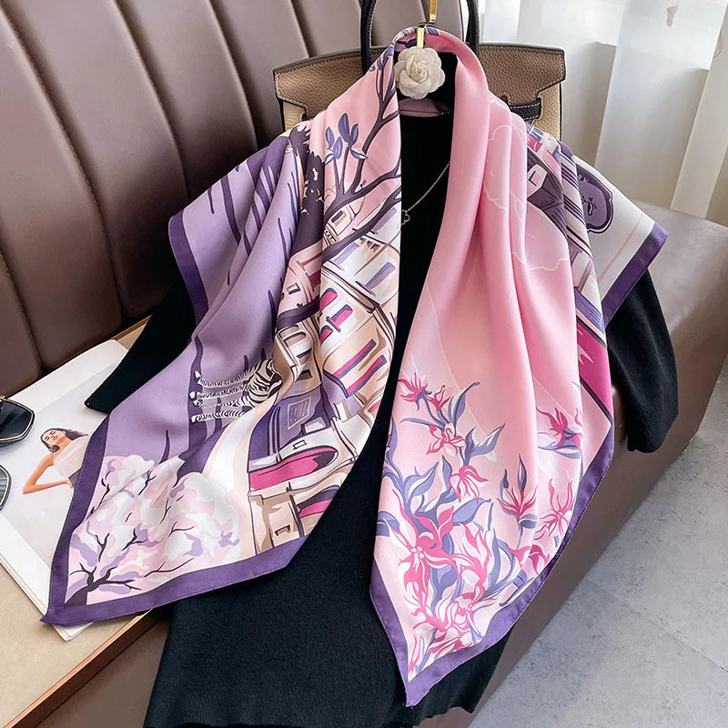 Twill Silk Scarf Women 90cm Square Hijab Shawls And Wraps Female Foulard Headkerchief Elegant Floral Summer Autumn Lady Bandana