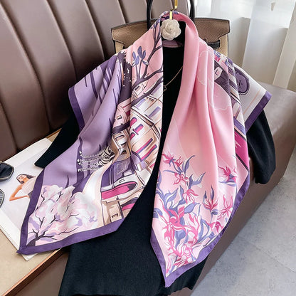 Twill Silk Scarf Women 90cm Square Hijab Shawls And Wraps Female Foulard Headkerchief Elegant Floral Summer Autumn Lady Bandana