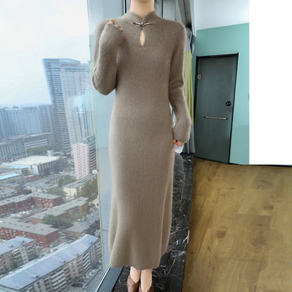 Retro Collar Buckle Knit Dress Female Pullover Long Over-The-Knee Solid Color Joker Slim Mink Cashmere Dress