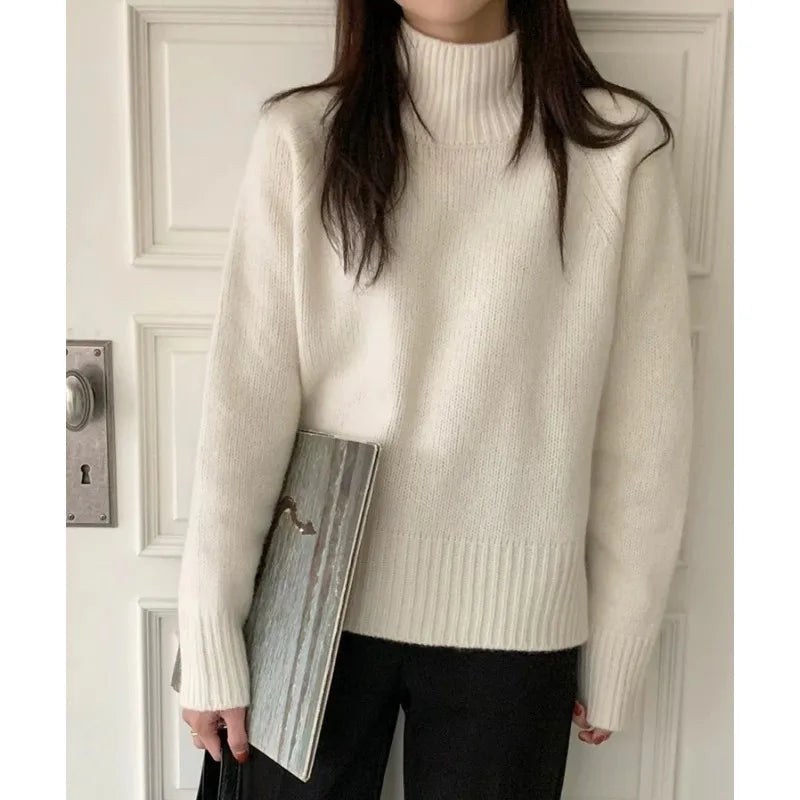 Euro-american style autumn and winter turtleneck slit 100% pure cashmere sweater for women loose thick knit wool base sweater