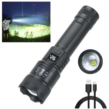 Hochleistungs-LED-Taschenlampe (2000 lm) mit Display, USB-Ladefunktion, ideal für Camping, Angeln und Notfälle.
