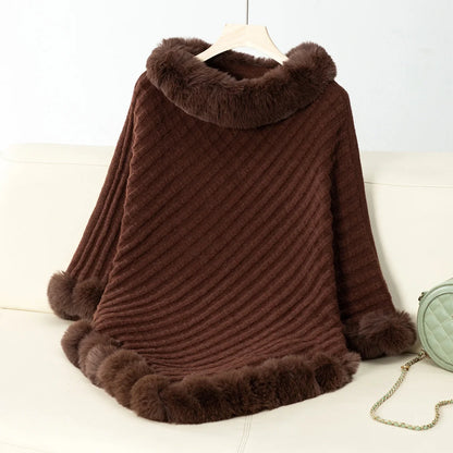 Knitted Cloak Sweater Women Shawl Outwear Warm Hairball Knit Casual Loose Plaid Poncho Cape Coat Spliced Solid Elegant