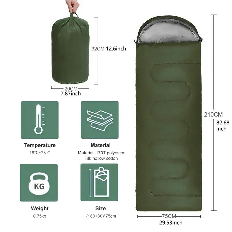 Portable Camping Sleeping Bag Ultralight 0.75kg Envelope Waterproof 170T Polyester Hollow Cotton Warm Outdoor Hiking Backpacking