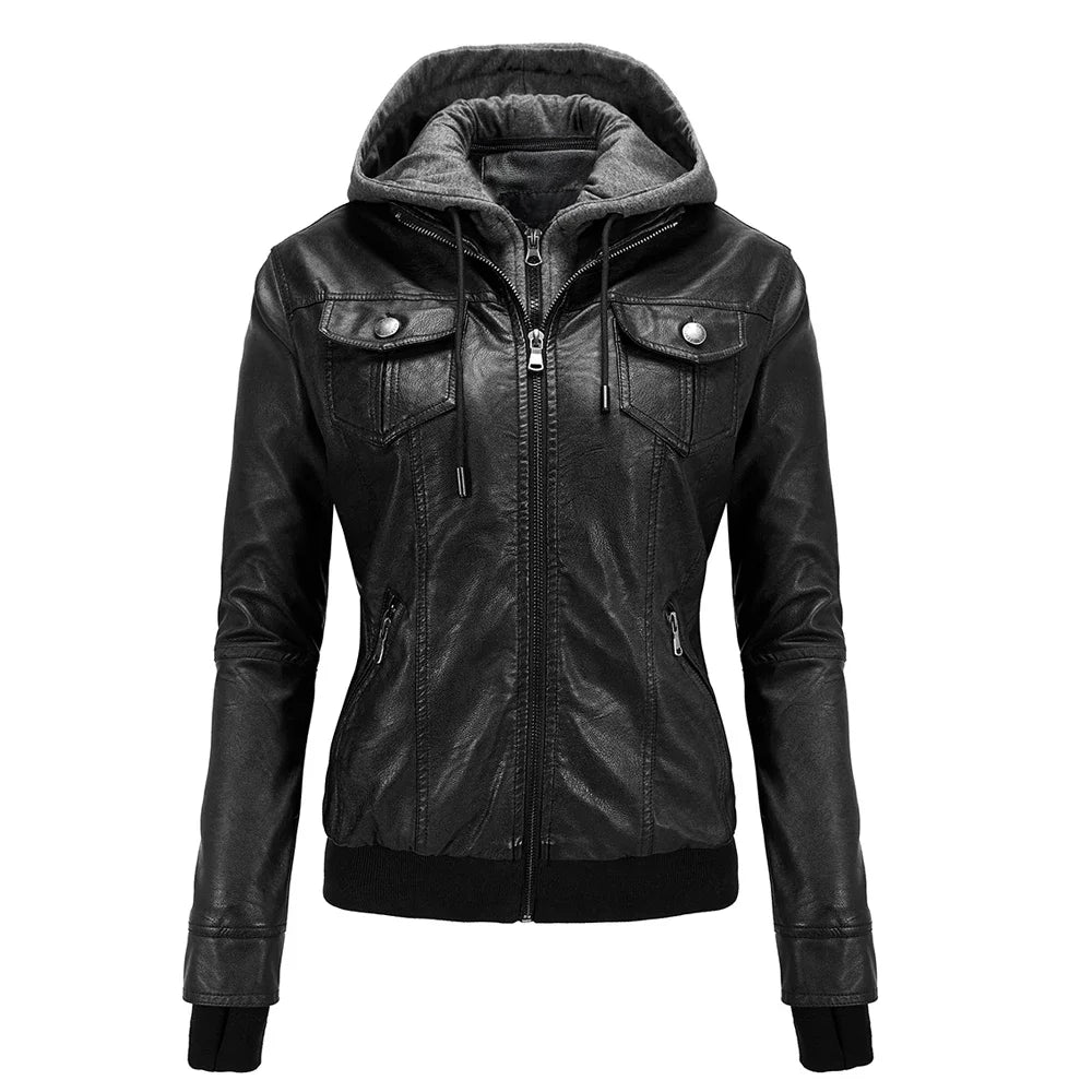 2024 Autumn Winter Women's Motorcycle Jacket Black Slim Pu Leather Removable Hooded Zipper Leather Coat Female Casual Outerwear