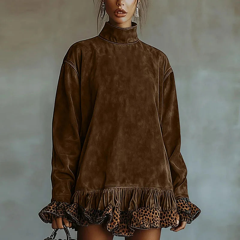 Vintage Fashion Patchwork Leopard Ruffle Dress Woman Casual Turtleneck Slim Mini Dress Autumn Long Sleeve Female Pullovers Dress