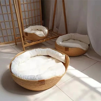 Soft Cat Kennel Puppy Beds Bamboo Weaving Waterproof Removable Cushion Sleeping Mat Four Season Cozy Nest Baskets Pet Product