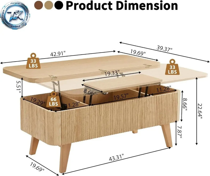 3 in 1 Lift Top Coffee Table, Fluted Convertible Coffee Tables Converts to Dining Tables, Modern Oval Wooden Center Table with