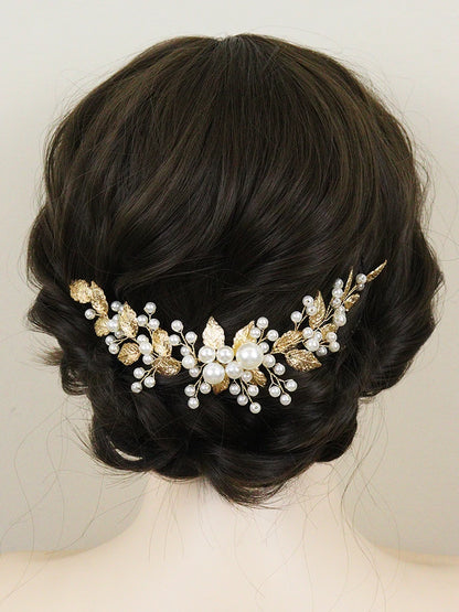 Golden Leaf Pearls Headband Handmade Bride Headdress Vintage 90s Elegant Women Headpieces for Party Wedding Hair Accessories