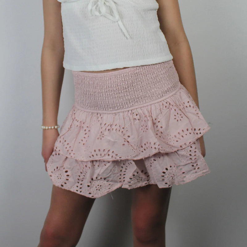 Women A-Line Pointelle High Waist Layered Ruffle Skirt Shirred Mini Skirt Summer Solid Color Sweet Skirts Black/White/Pink
