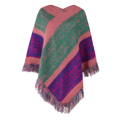 Autumn Winter Batwing Sleeve Rainbow Striped Poncho Women Fashion Sweater Cloak 2025 New Pullover Shawl Female Tassel Cape