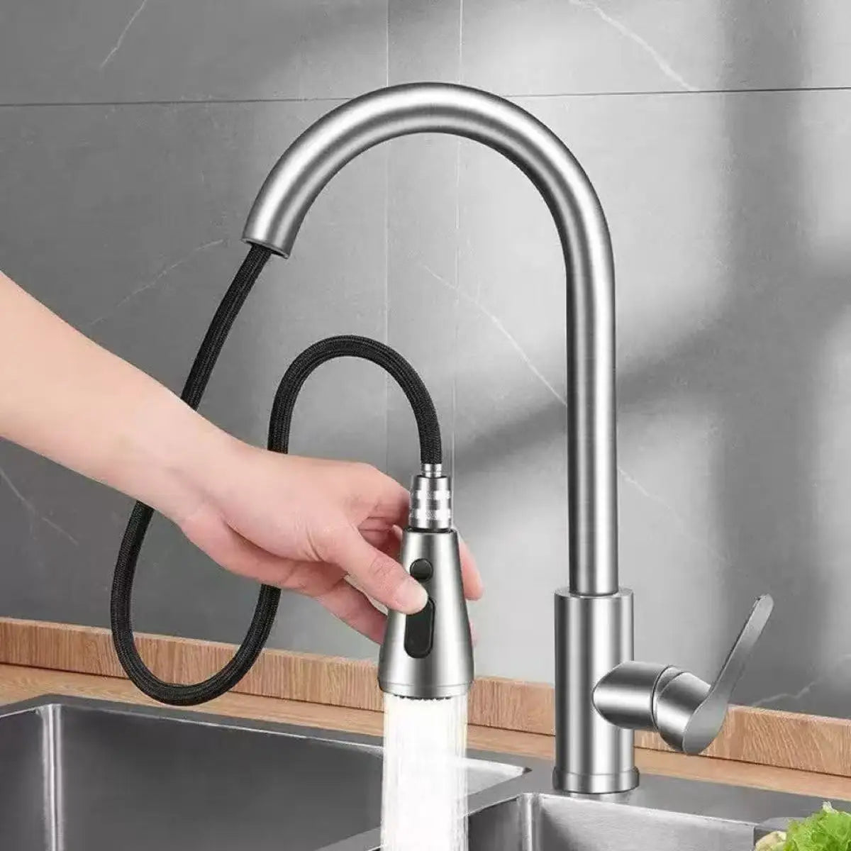 Stainless Steel Kitchen Faucet Single Hole Pull Out Spray 360° Swivel Sink Faucet High Arc Modern Design