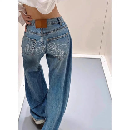 Women Jeans Spliced Straight Pants Jean Denim Washed Full Length Pants Loose Pockets High Waist Zipper Fly Distressed Basics