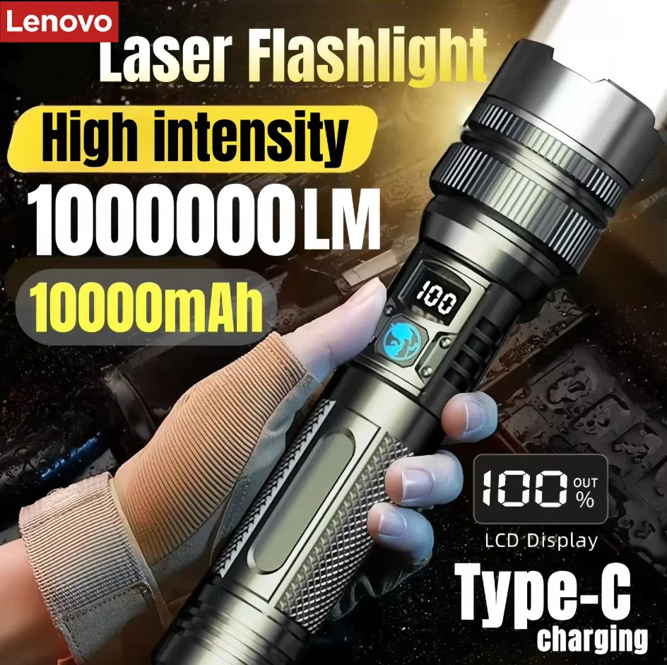 Lenovo 1000000LM Super Bright LED Flashlight Rechargeable USB-C Digital Display IPX8 Waterproof Long Lasting Camping Emergency
