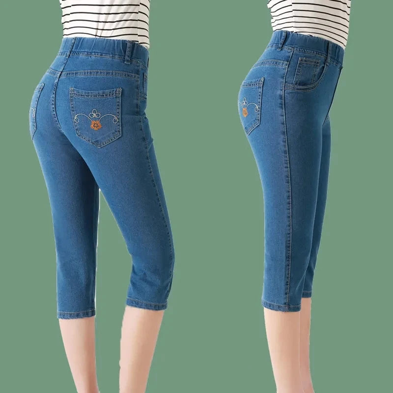 2025 New High waisted Women's Capri Denim Shorts Women Summer Thin Slim Vintage Jeans Stretch Short Straight leg Pants Leggings