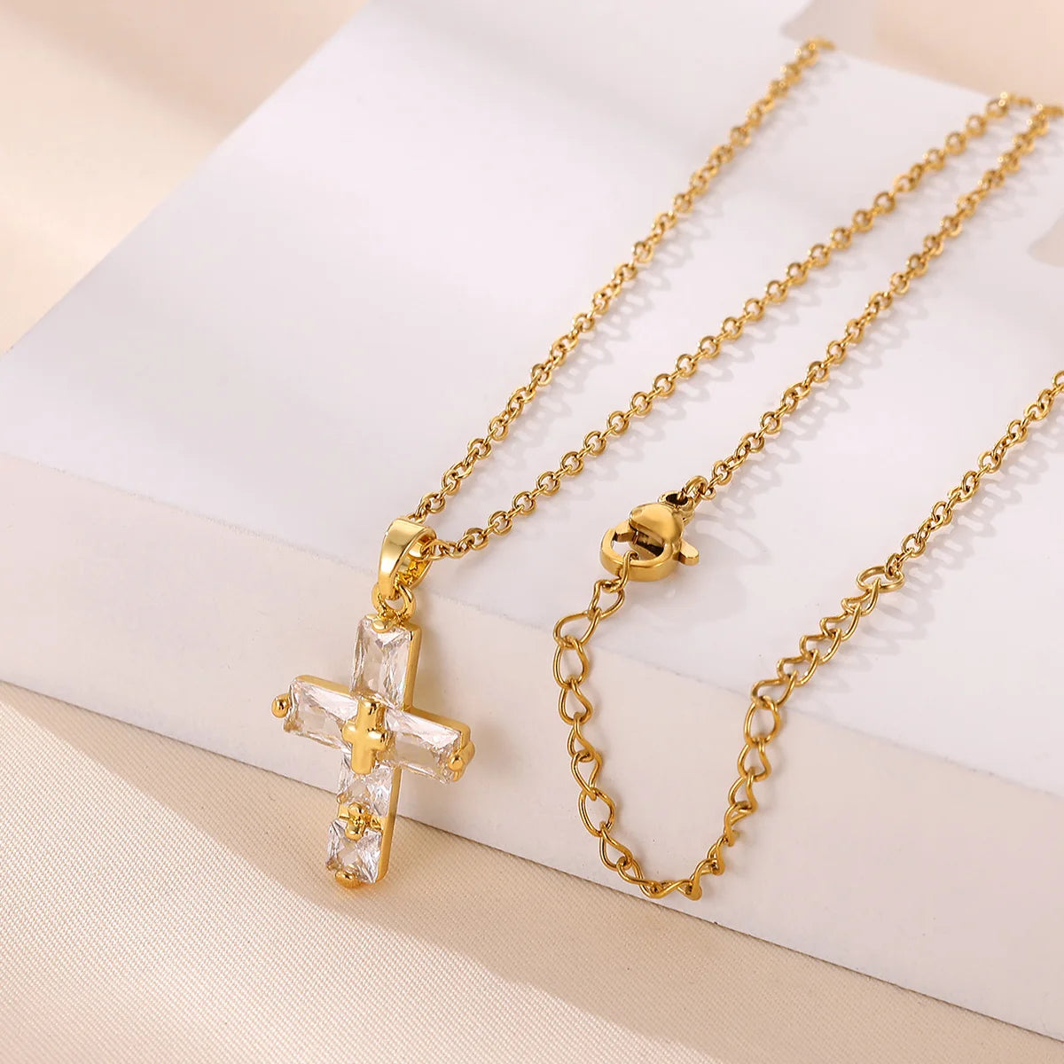 Lucky Cross CZ Cubic Zircon Necklace For Women Gold Color Stainless Steel Waterproof And Tarnish Resistant Jewelry Ramadan Gift