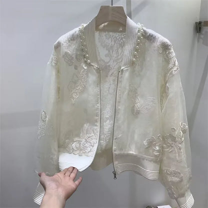 Summer Beading Embroidery Thin Jacket 2025 Women Elegant Sun Protective Clothing High Street Baseball Uniform Short Jacket