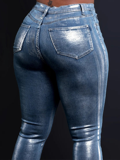 BKQU American Jeans Women Pencil Pants 2025 New Metallic Silver High Waist Streetwear Elastic Skinny Denim Trousers Female y2k