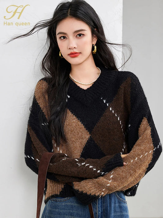 H Han Queen Winter Warm Thickened Lazy Diamond Plaid Loose Elastic Knit O-Neck Knitted Bottoming Women's Pullover Sweaters