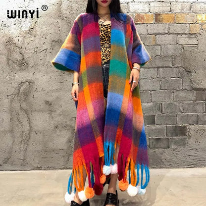 WINYI Winter Plaid color cloak High Quality poncho Long Loose OverCoat Thick Warm Female coat for women Hanging ball cardigan