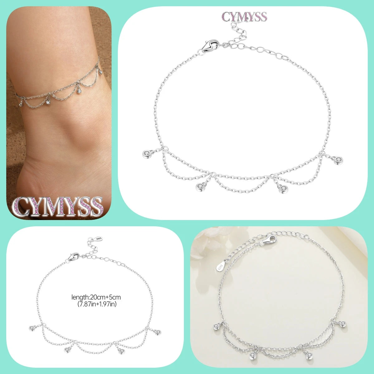 Original Anklets for Women 925 Sterling Silver Exquisite 2 Layer Zircon Chain Anklet Gold Color Ideal Summer Beach Jewelry Gift