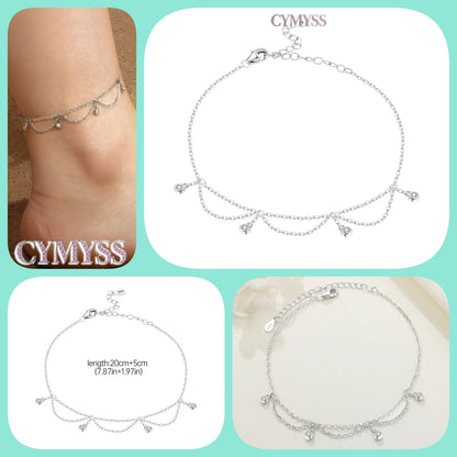 Original Anklets for Women 925 Sterling Silver Exquisite 2 Layer Zircon Chain Anklet Gold Color Ideal Summer Beach Jewelry Gift