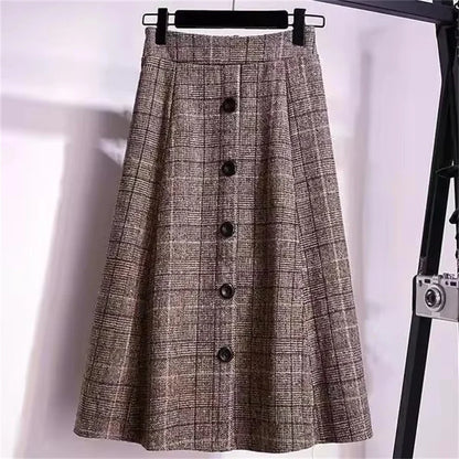 Large Size Women's Autumn Winter Elastic Waist A-line Skirt Woman Skirts Faldas Jupe Korean Retro Plaid Mid-Long Skirts Size 4XL