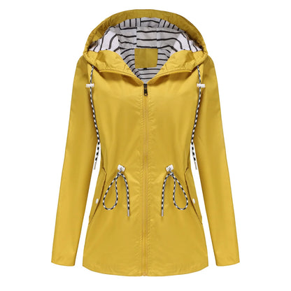Women Outdoor Windbreaker Casual Loose Hooded Waterproof Raincoat Long Sleeve Solid Color Mid-length Zipper Hiking Jackets