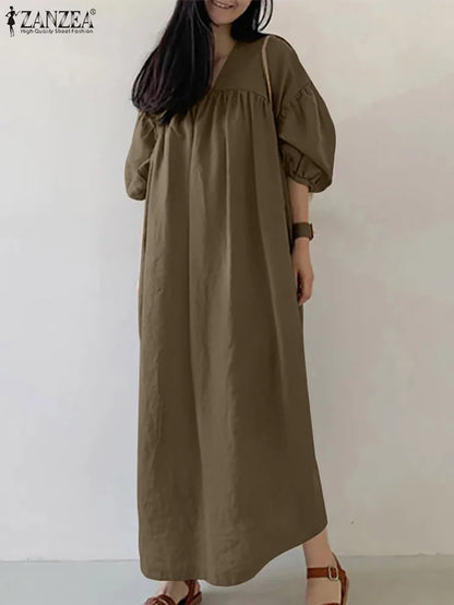 2025 ZANZEA Autumn Maxi Long Dress Women Solid Loose Sundress Pleated Vestidos Fashion Causal Puff Sleeve Holiday Robe Kaftan