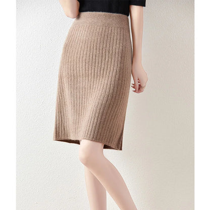 Women's Knitted Skirt 100% Merino Wool Sheath Skirt Solid Color Autumn/Winter Fashion Vertical Strip Wrap Hip Skirt Split Skirt