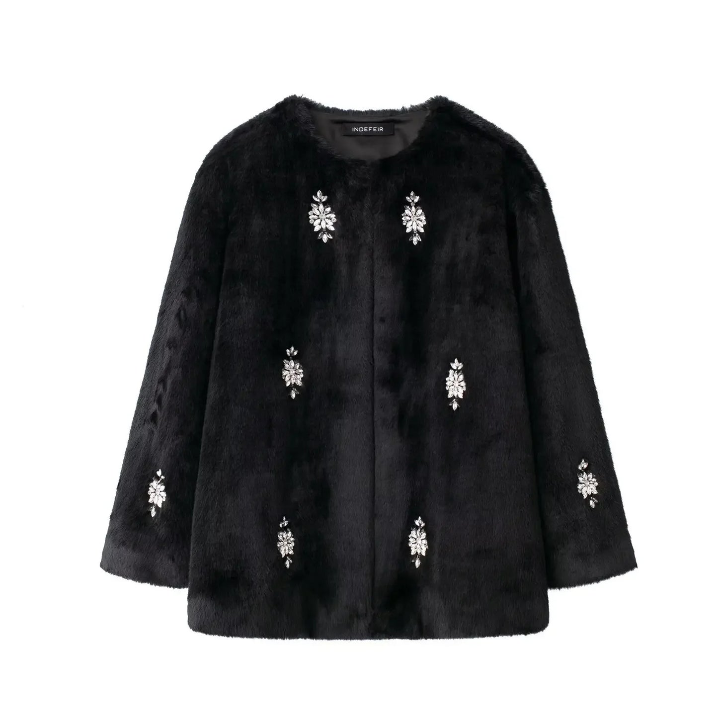 SAW Independent Station Luxury Artificial Fur Jacket Women's Outerwear Crew Neck Short Coat Jewelry Decoration Winter Coat