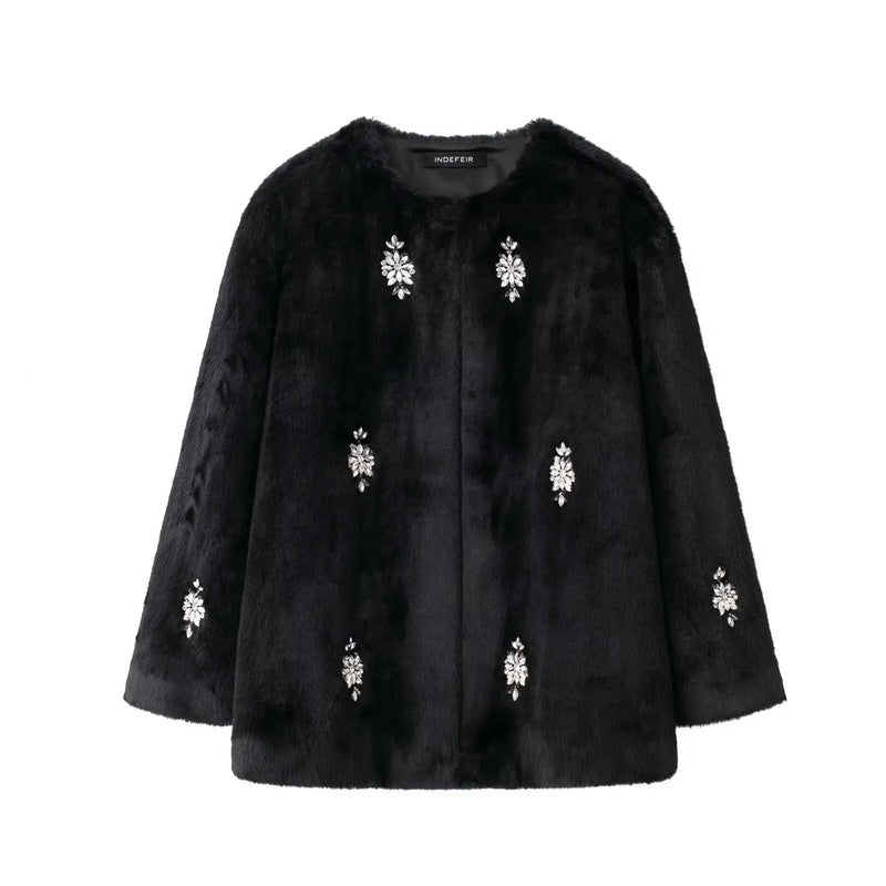 SAW Independent Station Luxury Artificial Fur Jacket Women's Outerwear Crew Neck Short Coat Jewelry Decoration Winter Coat