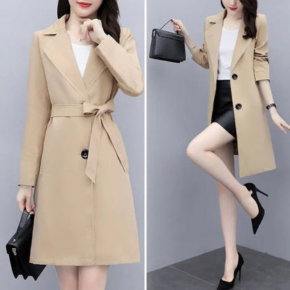 Women Fall Spring Coat Lapel Cardigan Double Buttons Trench Coat Solid Color Mid Length Pockets Business Jacket With Belt