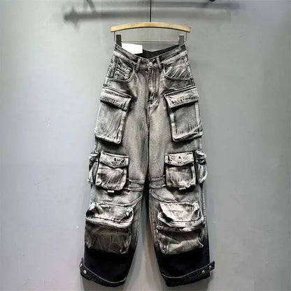 DEAT Women's Jeans Gradient Grey Loose Multiple Pockets Straight Wide Leg Denim Cargo Pants 2026 Summer New Fashion 29L3268