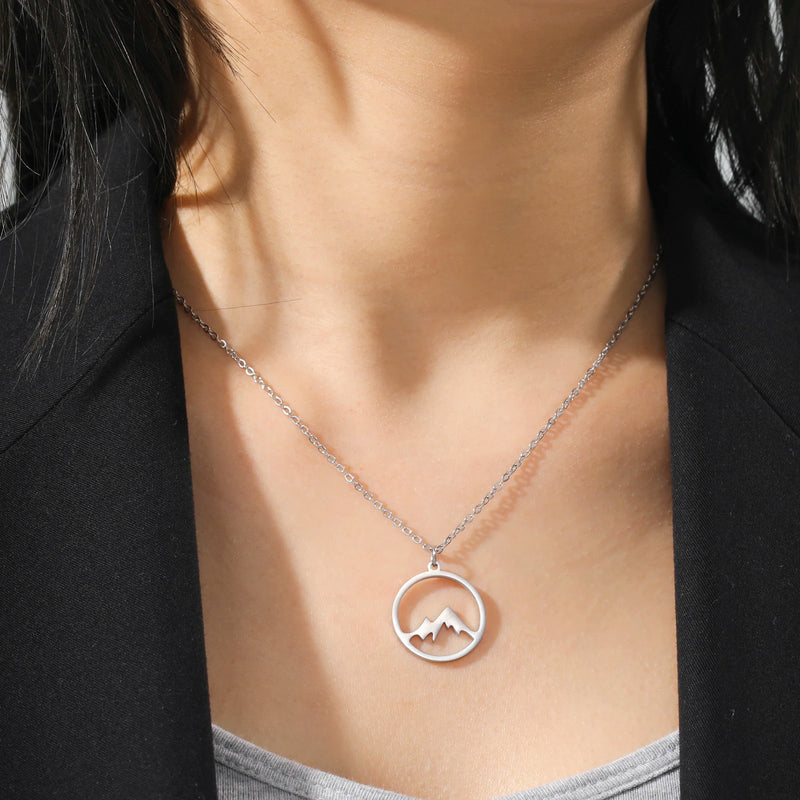 Ring Mountain Pendant Necklace Stainless Steel Men's and Women's Retro Geometric Ethnic Necklace Couple Party Jewelry Gift